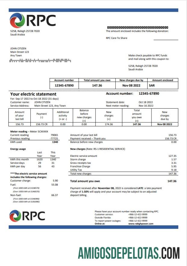 imprimível Projeto de lei de serviços públicos da Rabigh Power Company da Arábia Saudita, modelo Word e PDF